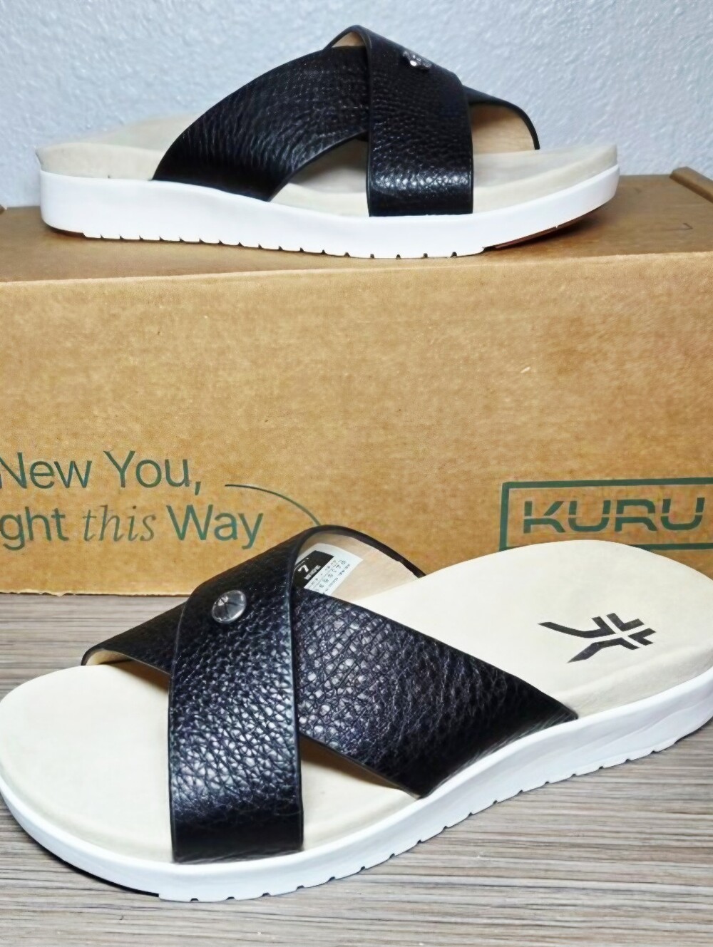 KURU Breeze Orthotic Sandals Women’s 7 Wide-Jet Black Leather Crisscross NEW!!! - Picture 2 of 13